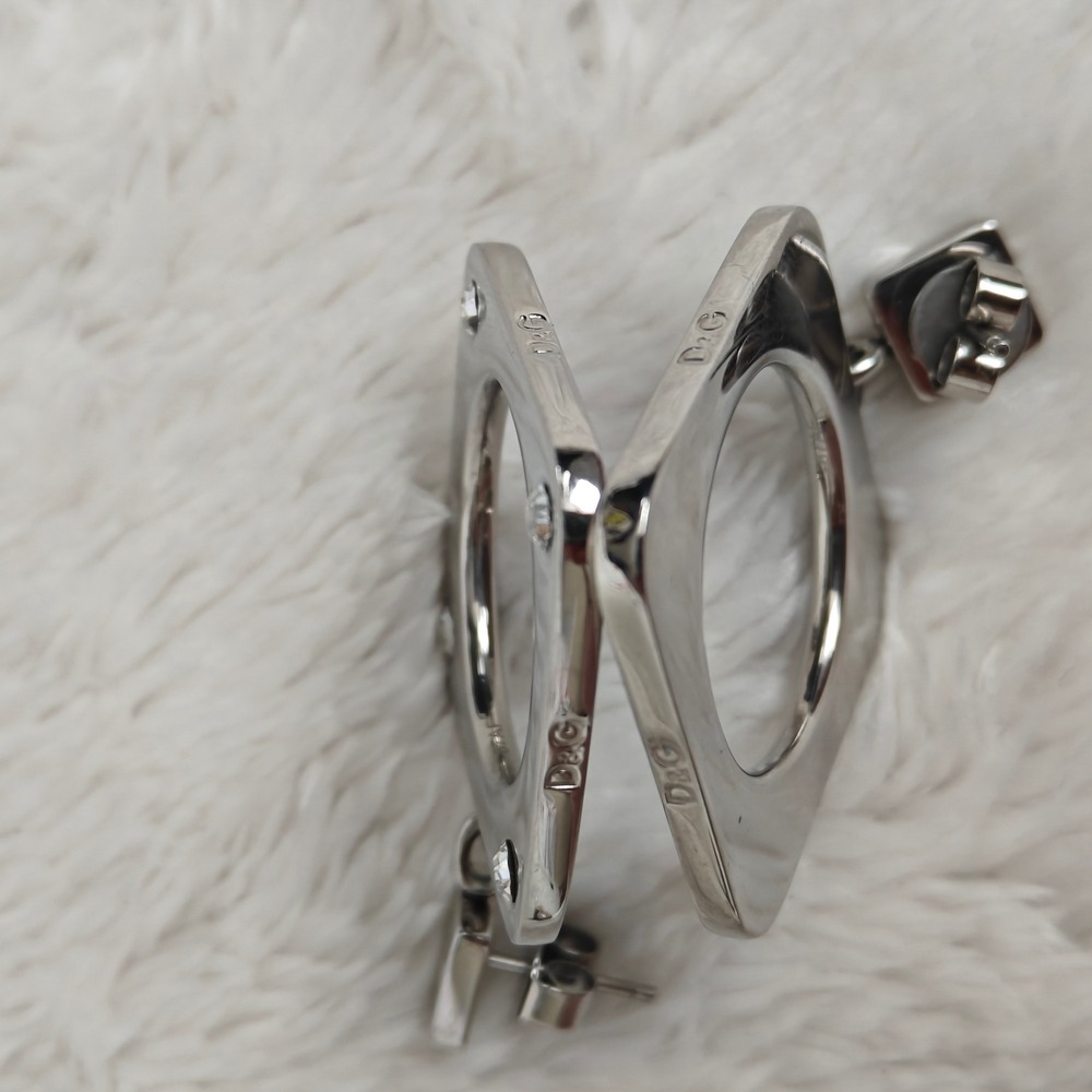 Dolce & Gabbana D&G Silver Tone Crystal Square Drop Earrings Logo Engraved - Picture 5 of 6